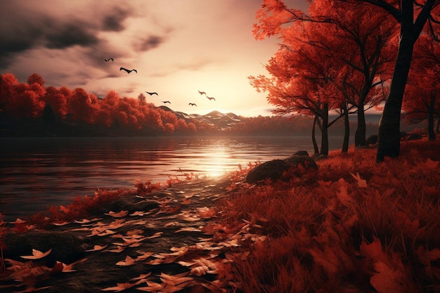 Fall Lake Background Design Natural scene photo beautiful forest autumn leaves