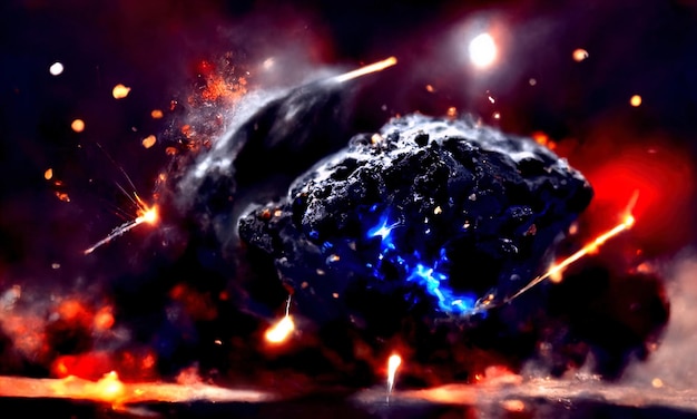 Fall of large meteorite on planet Blast wave of big bang from collision of meteorite Meteorite Explosion of sparks and fire Black galaxy background 3d render