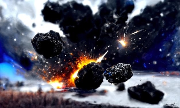 Fall of large meteorite on planet Blast wave of big bang from collision of meteorite Meteorite Explosion of sparks and fire Black galaxy background 3d render