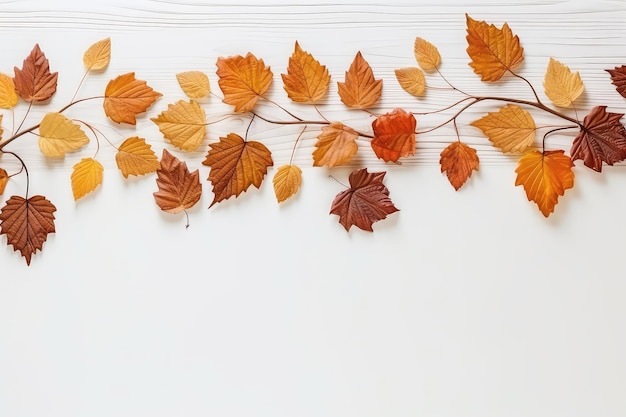 Fall Leaves Border On Light Wooden Surface Creating Rustic Autumn Scene