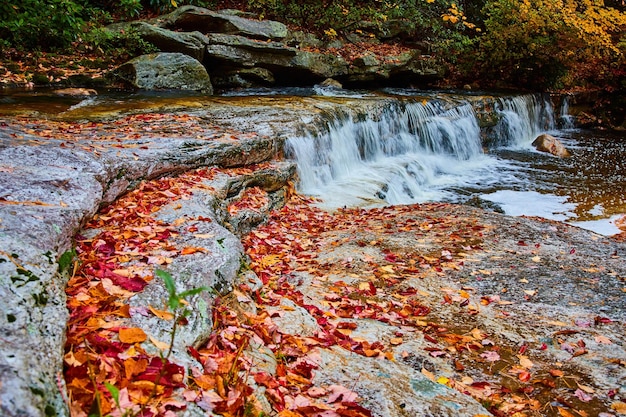 Fall leaves cover layers of rocks by small waterfall in river