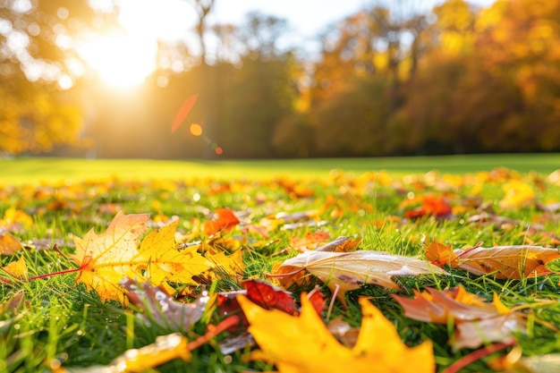 Fall Leaves On Grass Autumn Colorful Leaves in Yellow and Red on Sunny Lawn