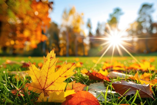 Fall Leaves On Grass Sunny Autumn Day in Park with Yellow Orange and Red Leaves