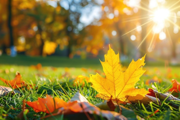 Fall Leaves On Grass Sunny Autumn Day with Yellow Orange and Red Leaves in the Park