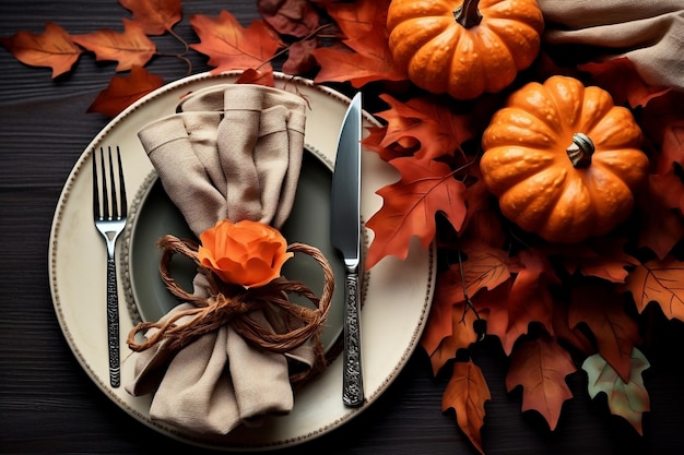 Fall Leaves Napkin and Autumn Place Setting Generative AI