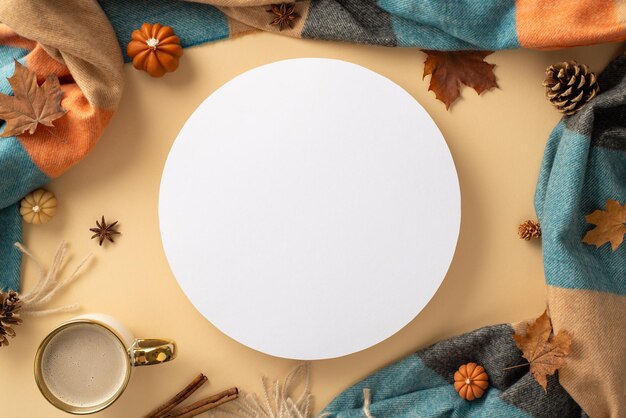 Photo fall in love with season top view of coffee cup plaid dainty pumpkins golden maple leaves pine cones cinnamon anise on beige backdrop create compelling messages or ad with empty circular space