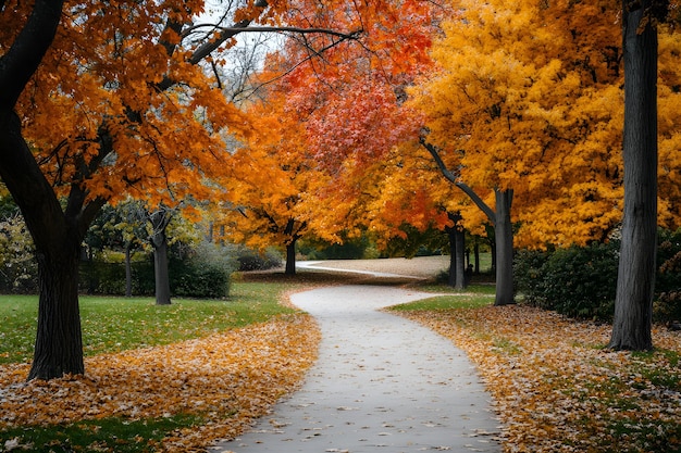 Photo fall park pathway with colorful trees and fallen leaves