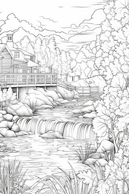 Fall river clean line coloring page for Kids and adults