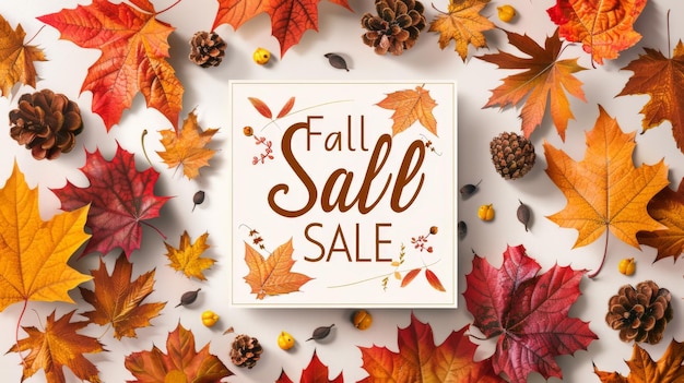 Fall Sale with Autumn Leaves and Pine Cones