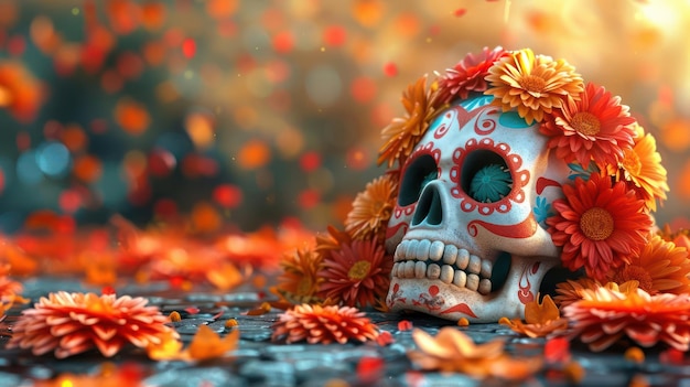 Fall Skull with Floral Decoration