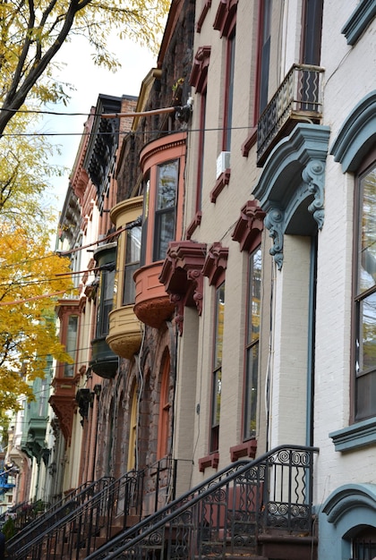 Fall street scene in historic downtown. Row of vintage balconies