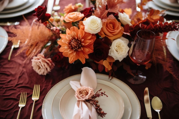 Fall table setting for celebration Thanksgiving or Friendsgiving day family party AI generated