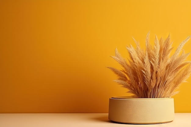 Fall themed pedestal and stand mockup with pampas grass on brown or yellow background blank space