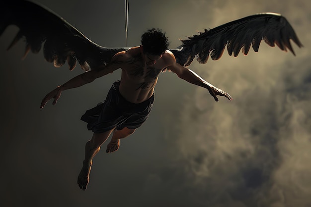 Fallen Angel with Black Wings Suspended in the Clouds