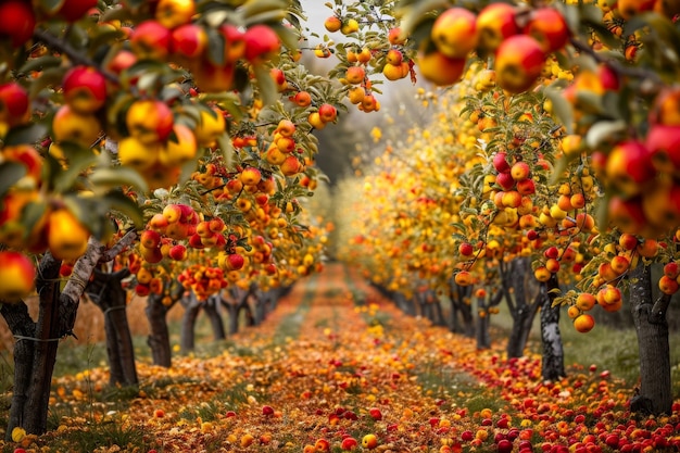 Photo fallen leaves color the ground beneath rows of apple trees laden with ripe fruit in an autumn orchard rows of apple trees heavy with fruit set against a backdrop of golden leaves