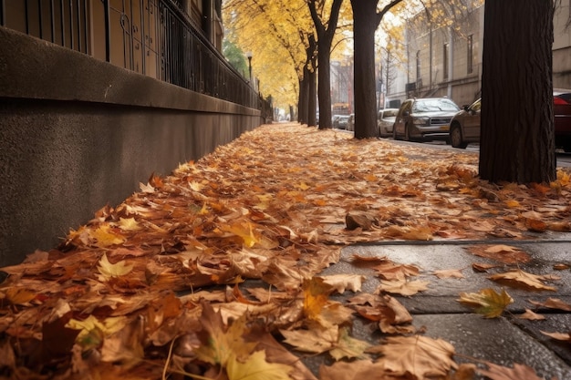 Fallen leaves in a sidewalk with the imprint of passing feet created with generative ai