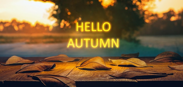 Fallen leaves on a wooden table with neon lighting text Hello autumn concept