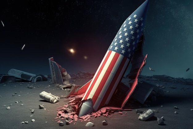 A fallen rocket wrapped in an american flag on a shattered ground surface the collapse of american a