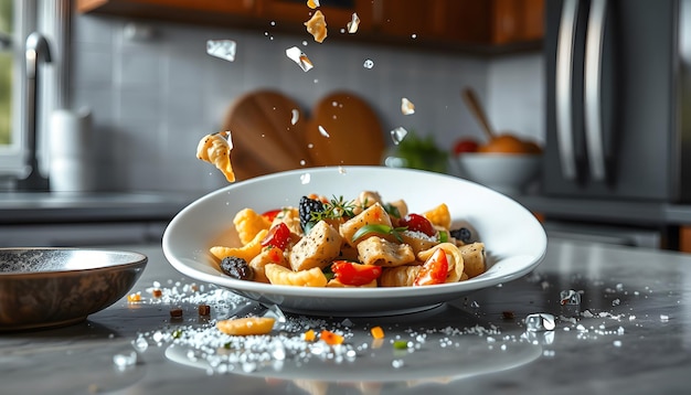 Photo fallen and shatter plate with food in kitchen isolated with white highlights