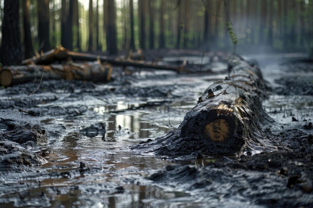 Photo fallen tree in a wet forest with misty morning light