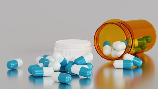 Falling antibiotic capsules out of the pill bottle medical concept 3D rendering