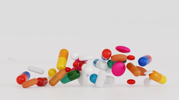 Falling antibiotic capsules out of the pill bottle medical concept 3D rendering