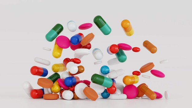 Falling antibiotic capsules out of the pill bottle medical concept 3D rendering