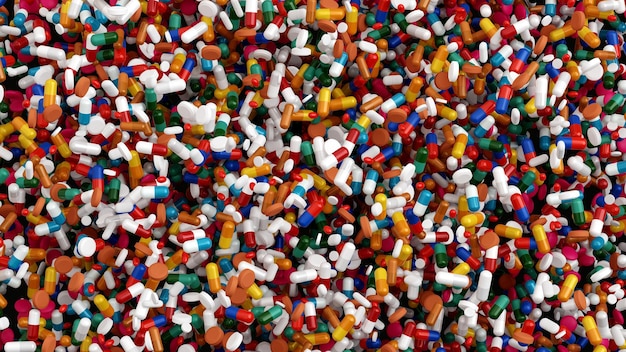 Falling antibiotic capsules out of the pill bottle medical concept 3D rendering