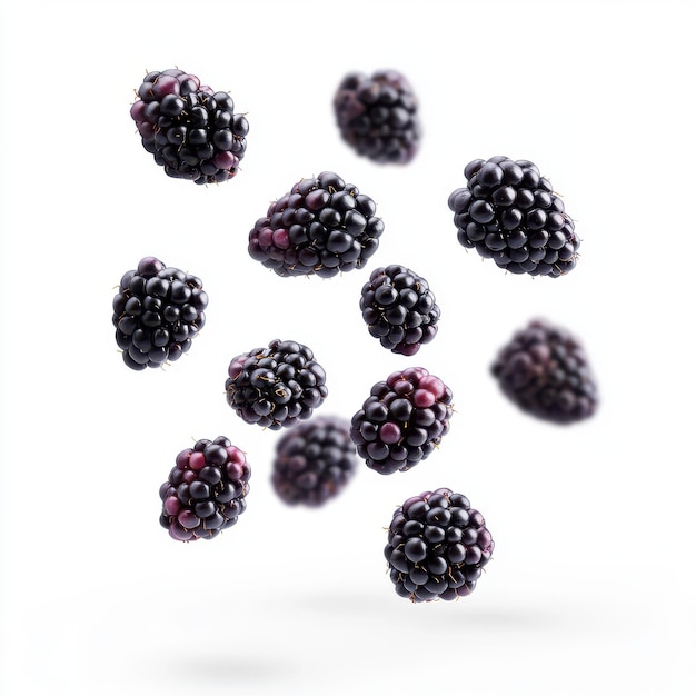 Photo falling blackberries in midair with rich textures isolated on white background