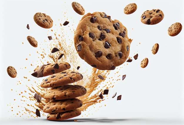 Falling broken chocolate chip cookies isolated on white background