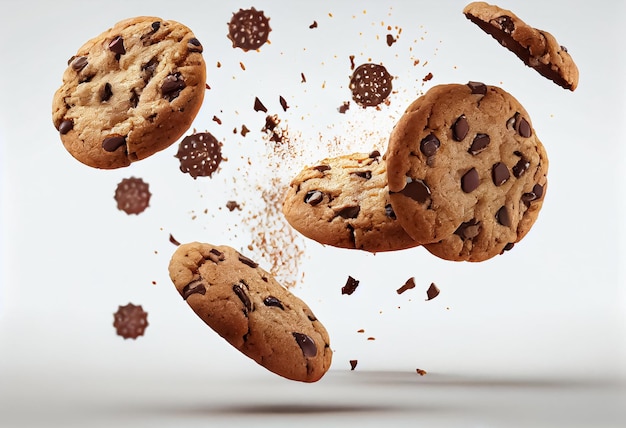 Falling broken chocolate chip cookies isolated on white background