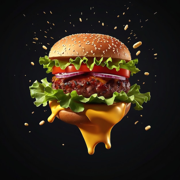 Falling burger with all ingredients lettuce tomatoes meat patty and sauce floating burger 3d illustration isolated on a dark background