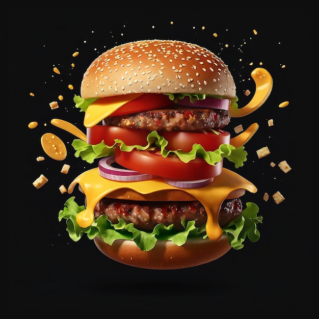 Falling burger with all ingredients lettuce tomatoes meat patty and sauce floating burger 3d illustration isolated on a dark background