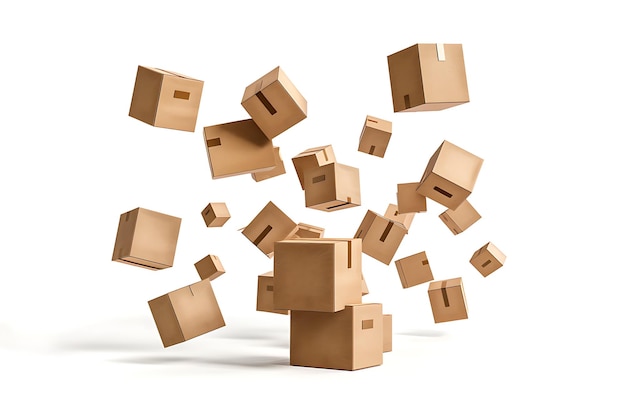 Falling cardboard boxes isolated on white background floating cardboard boxes