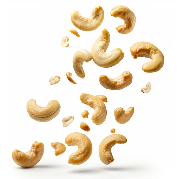 Falling cashew nuts isolated on transparent or white background