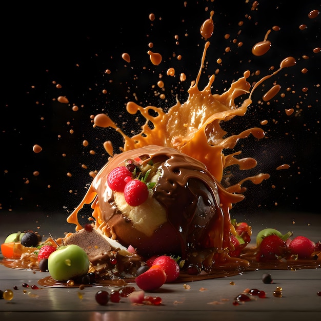 Falling cherry tomatoes and orange with splashes of juice on a dark background