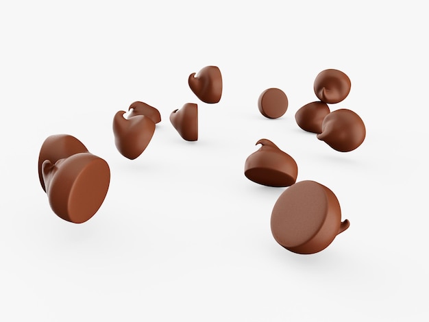 Falling chocolate chip isolated on white 3d illustration