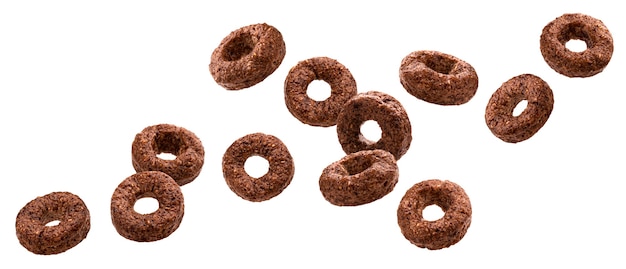 Falling chocolate corn rings isolated on white background with clipping path