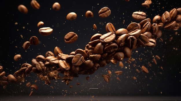 Falling coffee beans on dark background