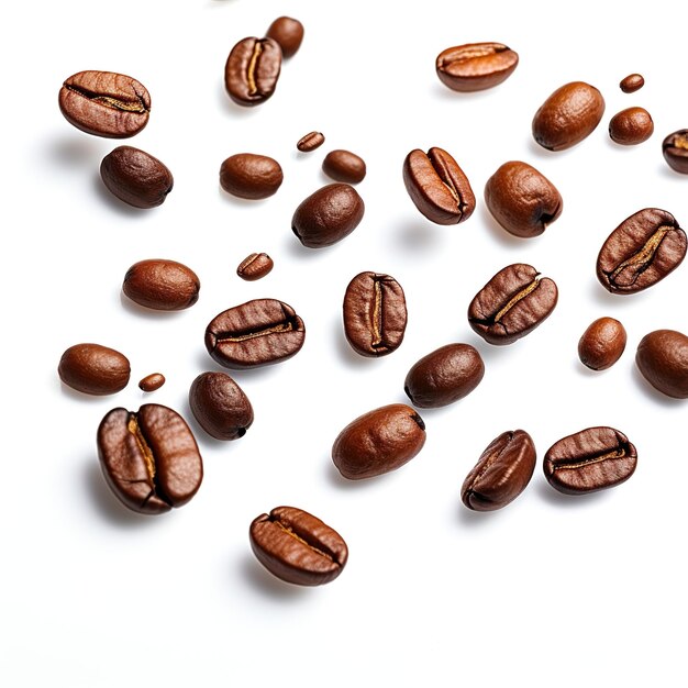 Falling coffee beans isolated on white background