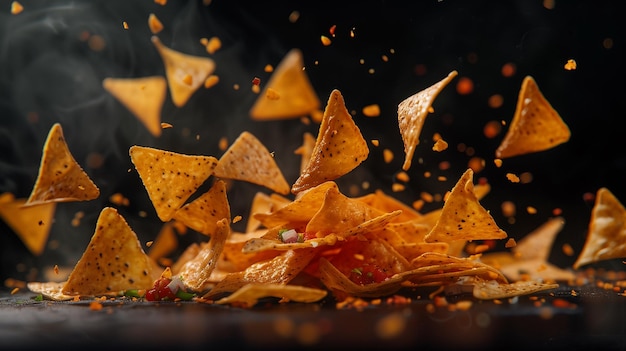 Falling corn chips hot Mexican nachos isolated on black background