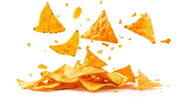 Photo falling corn chips hot mexican nachos isolated on white background