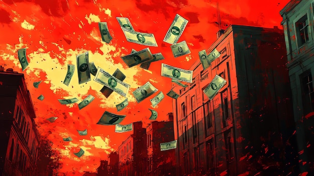 Falling dollar banknotes in the city Financial crisis concept