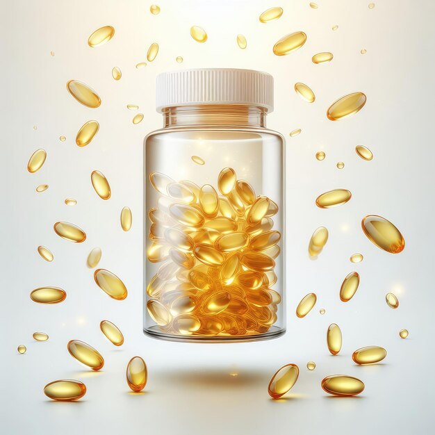 falling fish oil pills isolated on white background