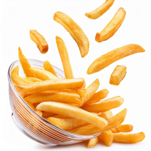 Falling french fries potato fry isolated on white background full depth of field