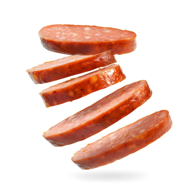 Photo falling fried sausage slices isolated isolated on white background cinematic