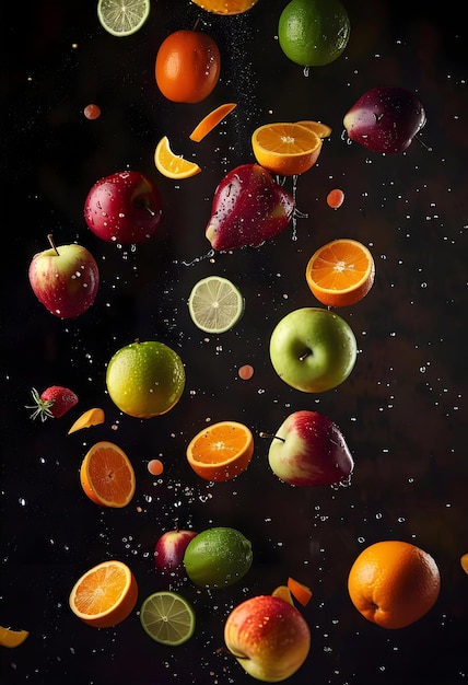 Photo falling fruit composition backdrop apples oranges and other fruits