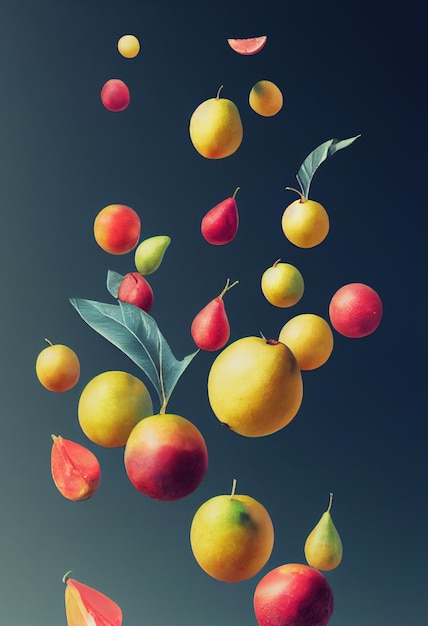 Falling fruit composition background apples oranges and other fruits 3D illustration