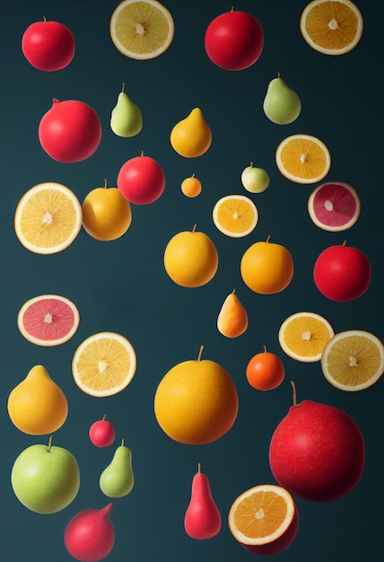 Falling fruit composition background apples oranges and other fruits