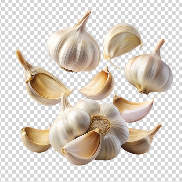 Falling garlic cloves on transparent background